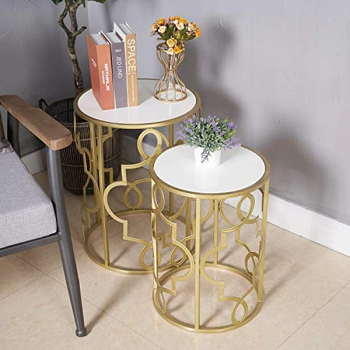 Gold&White Round Nesting Side End Tables Set Of 2 In Wooden Top, Assemble Already, Small Coffee Tables For Living Room Small Space, 16.5" D X 22" H & 14" D X 19" H - Image 5