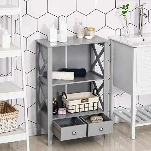 Kleankin X- Frame Freestanding Floor Bathroom Storage With Two Drawers, Storage Organizer, Cabinet With 3 Shelves, Grey - Image 4