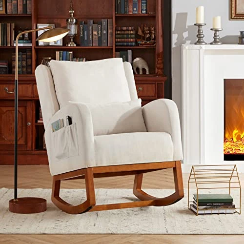 Iroomy Modern Accent Upholstered Rocking Glider Rocker High Back Arm Chair W/2 Side Pockets, Indoor For Living Room/Bedroom/Nursery-Beige