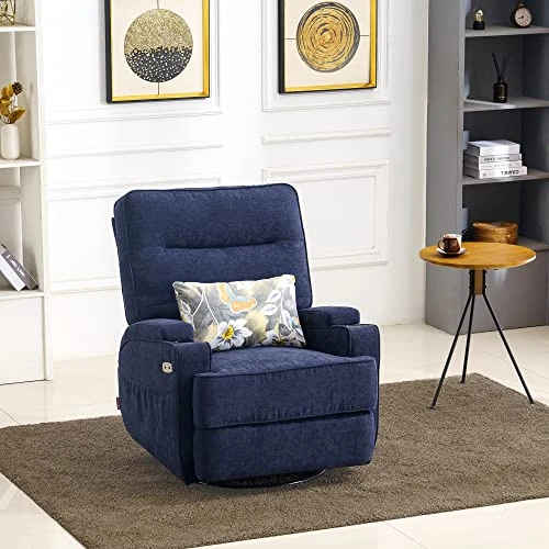 MCombo Electric Power Swivel Glider Recliner Chair With Heat And Vibrating For Nursery, USB Ports, Pillow, Cup Holders, Remote Control, Fabric 7752 (Navy Blue) - Image 2