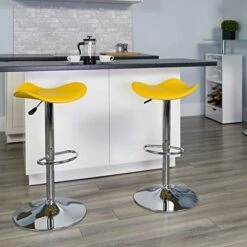 Flash Furniture Hoover 2 Pk. Contemporary Yellow Vinyl Adjustable Height Barstool With Wavy Seat And Chrome Base