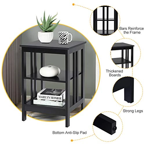 KOTEK 3-Tier Nightstand Set Of 2, Wooden Sofa Side Table With Storage Shelves, Stable Structure, Accent Table Bedside Table End Table For Bedroom, Living Room, Easy Assembly (Black) - Image 3