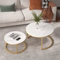 Knowlife Modern Nesting Coffee Table Round, Golden Color Frame With Wood Top For Small Space And Living Room, 32”