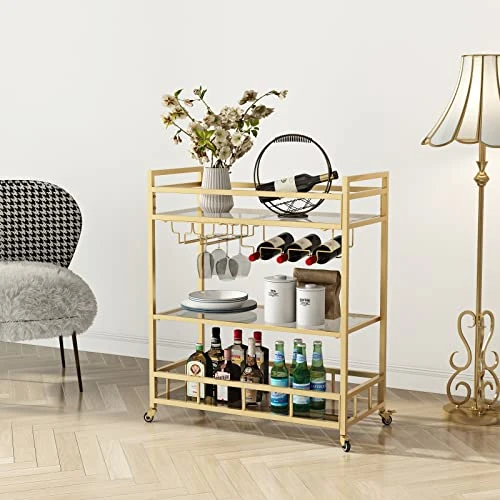 LORMITER Bar Cart Gold With Bottle Storage And Wine Glass, Rolling Serving Bar Cart On Wheels Indoor & Outdoor Bar Carts For Patio, Gold Kitchen Serving Cart For Party(3-Tier) - Image 2