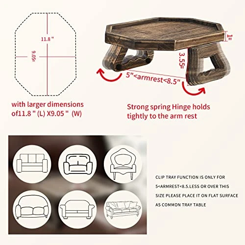Armrest Clip Tray, Sofa Tray Table, Couch Arm Table, Wooden Sofa Armrest Table For Remote, Phone, Drinkings And Snacks Rustic Mocha - Image 2