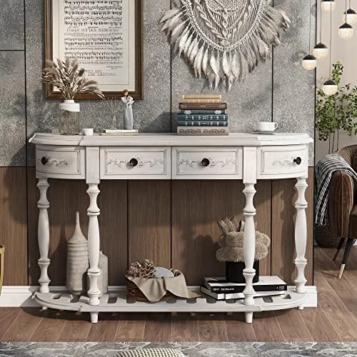 Polibi Retro Curved Console Table With Open Style Shelf And 4 Top Drawers, 52" W Half Moon Entry Table With Solid Wooden Frame And Legs For Living Room, Entryway And Hallway, Antique Grey - Image 8