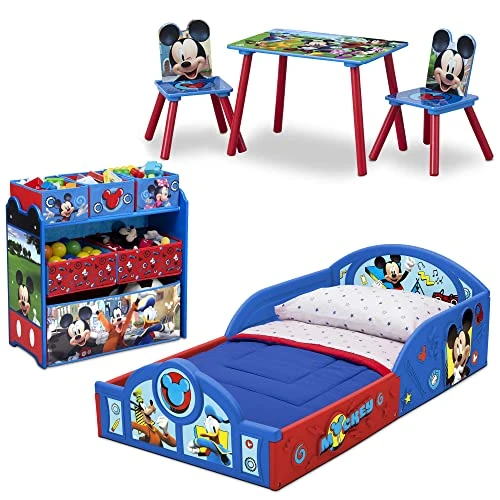 Mickey Mouse 5-Piece Toddler Bedroom Set By Delta Children - Includes Sleep And Play Bed, Table With 2 Chairs And 6 Bin Design And Store Toy Organizer, Blue