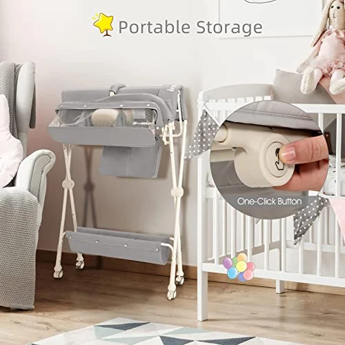INFANS Portable Baby Changing Table, Folding Diaper Dresser Station With Wheels, Adjustable Height, Safety Belt, Drying And Storage Rack, Mobile Nursery Organizer Stand For Newborn Infant (Gray) - Image 5