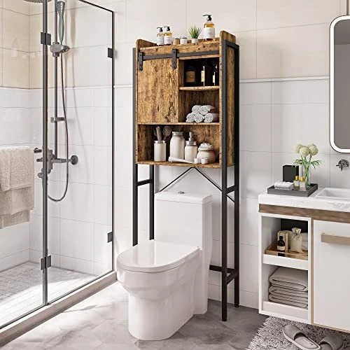 Yaheetech Over The Toilet Storage Cabinet With Sliding Door, Bathroom Oragnizer Shelf Over Toilet, Stable Freestanding Space Saving Toilet Stands With Adjustable Shelves For Bathroom, Rustic Brown - Image 2