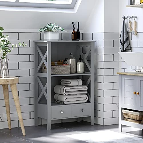 Kleankin X- Frame Freestanding Floor Bathroom Storage With Two Drawers, Storage Organizer, Cabinet With 3 Shelves, Grey - Image 2