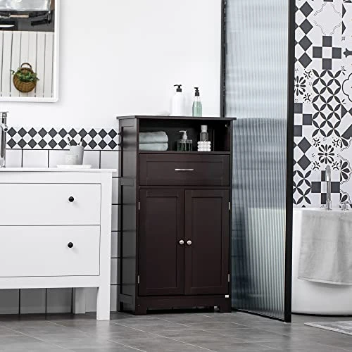 Kleankin Modern Bathroom Floor Cabinet, Free Standing Storage Cupboard, Linen Cabinet With Drawer And Adjustable Shelf, Brown - Image 2