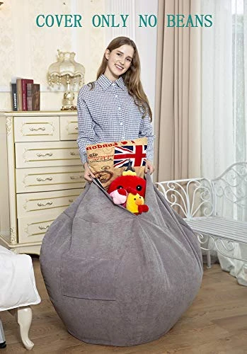 SANMADROLA Stuffed Animal Storage Bean Bag Chair Cover (No Filler) For Kids And Adults.Soft Premium Corduroy Stuffable Beanbag For Organizing Children Plush Toys Or Memory Foam Extra Large 300L (Grey) - Image 2