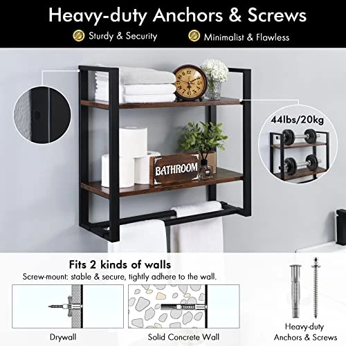 KES Bathroom Shelf With Bar Wall Mounted, 2-Tier Industrial Wooded Rustic Wall Shelf Over Toilet Rack With Double Adjustable Bar Floating Shelves 23.6-inch Metal Black, BTR500S60-BK - Image 6