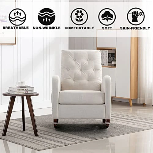 Rocking Chair Modern,Upholstered Glider Rocker Chair For Nursery,Comfy Armchair With Side Pocket For Living Room (White) - Image 3