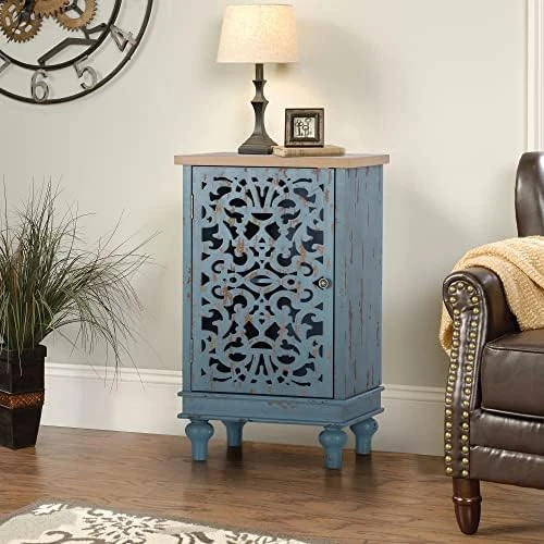Sophia & William Sideboard And Buffet With Storage, 3-Door Hollow-Carved Accent Cabinet, Distressed Wood Storage Cabinet Cupboard For Kitchen, Dining Room, Living Room, Entryway, Blue - Image 7