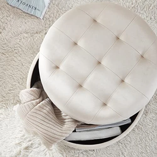 Ornavo Home Donovan Tufted Round Storage Ottoman With Removable Lid For Living Room And Bedroom - Cream Velvet - Image 3