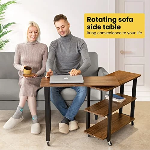 VIVOHOME Sofa Side Table 360° Rotating Mobile End Table Movable Laptop Table With 2 Tiers Storage Shelves 6 Universal Casters For Home Office - Image 4