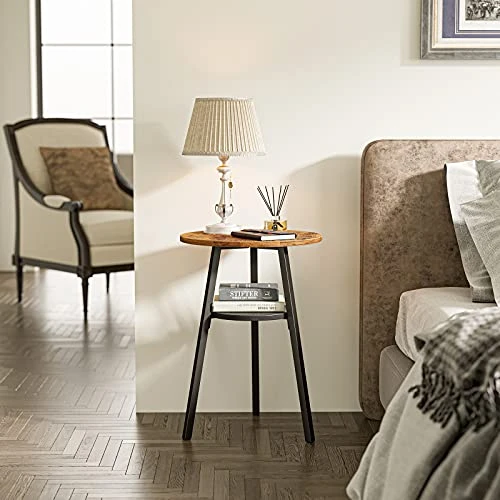 CubiCubi Round End Table, Side Table With Wooden Shelves, 2-Tier Rustic Vintage Table For Living Room Bedroom, Metal Frames And Wooden Boards, Rustic Brown - Image 2