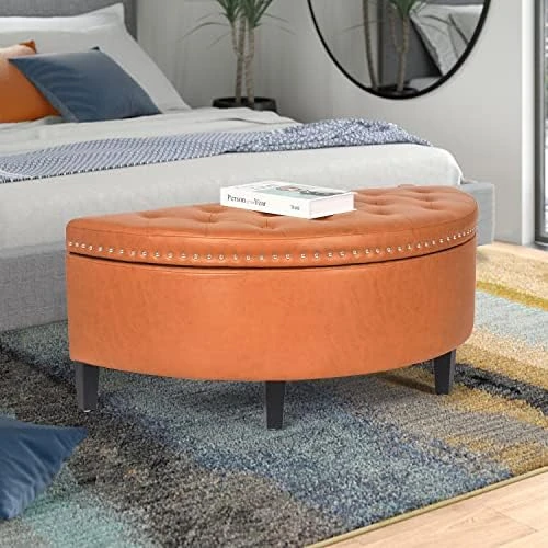 Homebeez 43.5" Half Moon Storage Ottoman Bench, Lift Top Faux Leather Storage Ottoman Bench For Bedroom Living Room (Light Brown) - Image 14