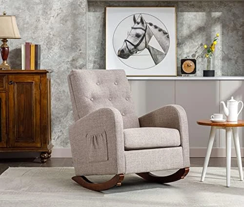Modern Accent Rocking Chair, Upholstered Nursery Glider Rocker For Baby And Kids, Comfy Armchair With Side Pocket, Living Room Lounge Arm Chair, High Backrest With Decorative Buttons, Off White - Image 12