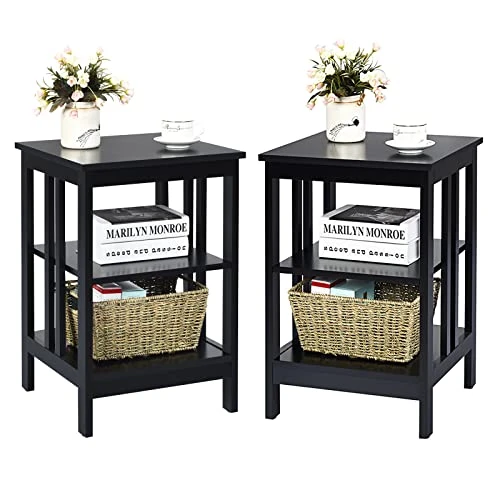 KOTEK 3-Tier Nightstand Set Of 2, Wooden Sofa Side Table With Storage Shelves, Stable Structure, Accent Table Bedside Table End Table For Bedroom, Living Room, Easy Assembly (Black)