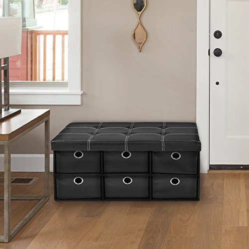 Achim Home Furnishings Collapsible Storage Ottoman 6 Drawers - Black Faux Leather 15x30x15 - Image 4