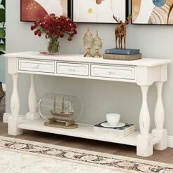 Merax LUMISOL 64 Inch Long Console Sofa Table With 3 Drawers And Bottom Shelf, Hallway Table Entryway Table For Living Room, Easy Assembly (Antique White).