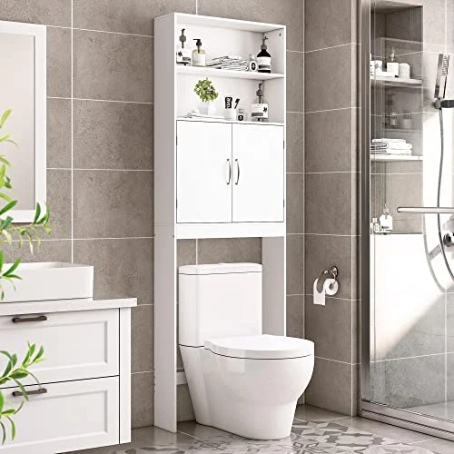 Yaheetech Over The Toilet Storage, Taller Bathroom Organizer Space-Saving Storage Cabinet With Adjustable Shelves And Double Doors, 77 In H, White - Image 2