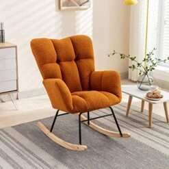Antetek Rocking Chair For Nursery, Uplostered Rocker Accent Chair, Modern Teddy Fabric Rocking Armchair For Baby Kids, Small Glider Chair For Living Room, Orange