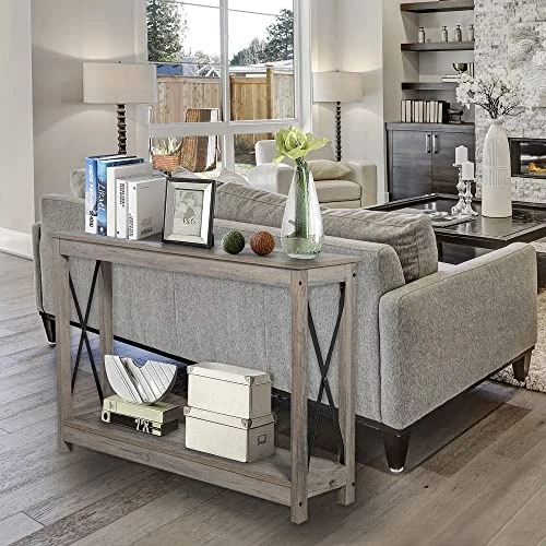 Rustory Farmhouse Console Sofa Table, Rustic 2 Tier X-Design Industrial Hallway/Entryway Table, Accent Side Tables With Storage Shelf For Living Room Bedroom (Washed Oak) - Image 3