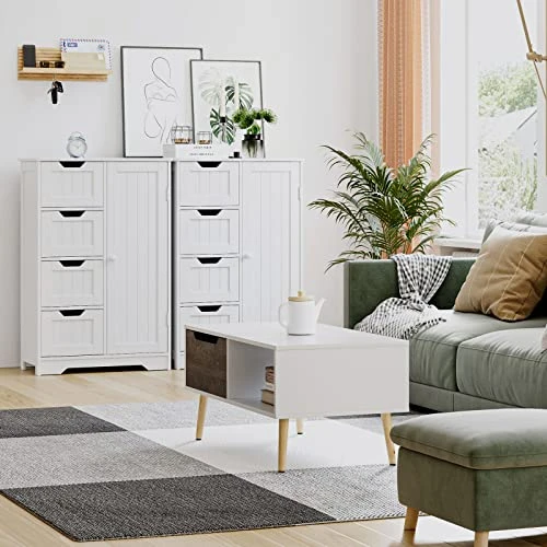 FOTOSOK Bathroom Floor Cabinet, Freestanding Storage Cabinet With 4 Drawers & 1 Cupboard, Adjustable Shelf For Bathroom Entryway Living Room, White - Image 3