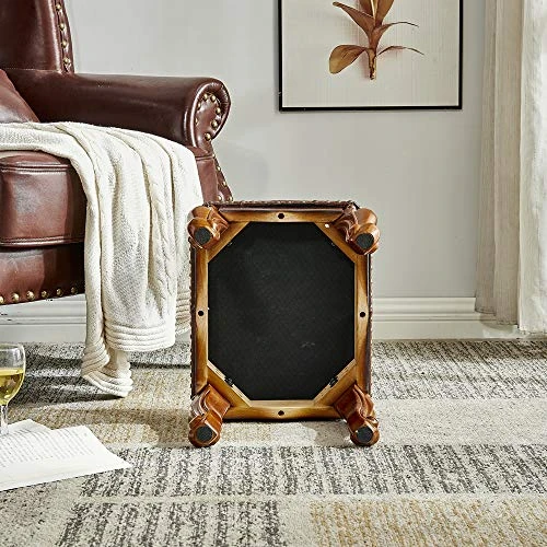 LEILISI Small Footstool Brown Leather Ottoman, Vintage Carved Upholstered Footrest, Rubber Wooden Foot Rest Stool Sofa Stool (Red-Brown) - Image 6