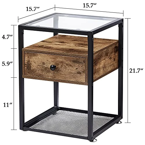 VECELO End Tables,Glass Top Nightstands With Drawer And Metal Frame,Set Of 2 For Living Room,Bedroom,Lounge,2 Set, Antique Brown - Image 2