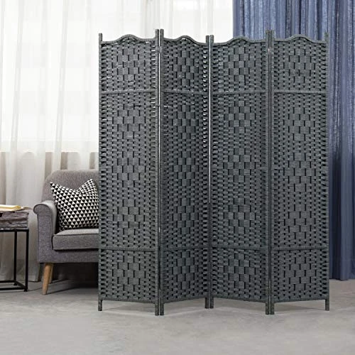 MyGift 4-Panel Freestanding Grey Bamboo Woven Folding Room Divider - Image 2