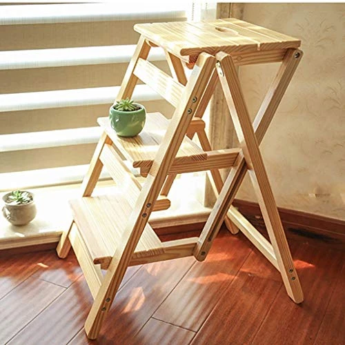 DINGZZ Folding Step Stool 3 Tier Wood Ladder, Stool And Storage Shelf, Multifunction Pine Wood Foldable (Color : Wood Color) - Image 2