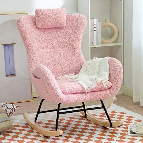 NIOIIKIT Nursery Rocking Chair, Comfy Accent Chair Padded Seat With High Backrest Armchair, Teddy Upholstered Glider Rocker Rocking For Nursery, Living Room, Bedroom (Pink) - Image 6