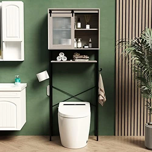AZODY Over The Toilet Storage Cabinet With Sliding Door And Adjustable Shelves, Over Toilet Bathroom Organizer With Toilet Paper Holder And 3 Hanging Hooks, 64 Inches Height - Image 4