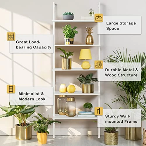 MELLCOM 5 Tier Industrial Ladder Shelf, Wood Modern Bookshelf With Metal Frame, Wall-Mounted Plant Flower Storage Organizer For Living Room, Bathroom, Kitchen, Balcony, White - Image 2