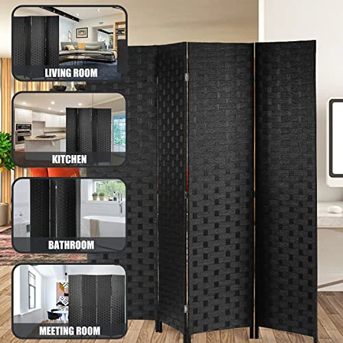 Room Divider,4 Panels 6FT Folding Privacy Screen Room Divider Wall Wood Mesh Hand-Woven Design Freestanding Partition Portable Wall For Home Office Bedroom(Black) - Image 6