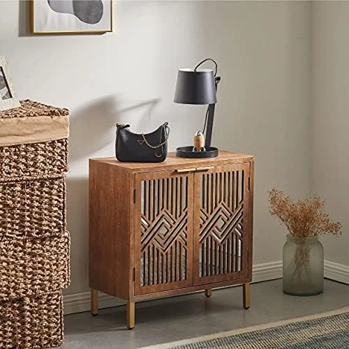 LONYKE Mid Century Modern Dresser, 2 Door Accent Cabinet Woven With Mirror Fronts Clean-Lined Silhouette, Natural - Image 5