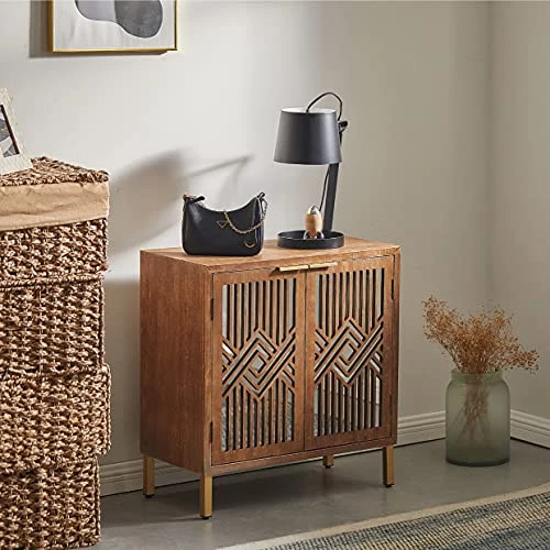 LONYKE Mid Century Modern Dresser, 2 Door Accent Cabinet Woven With Mirror Fronts Clean-Lined Silhouette, Natural