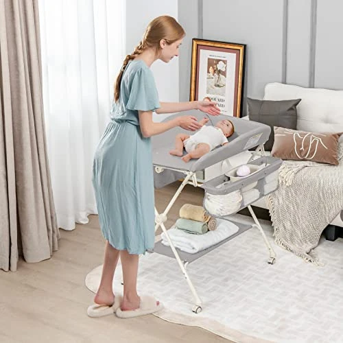 INFANS Portable Baby Changing Table, Folding Diaper Dresser Station With Wheels, Adjustable Height, Safety Belt, Drying And Storage Rack, Mobile Nursery Organizer Stand For Newborn Infant (Gray) - Image 2