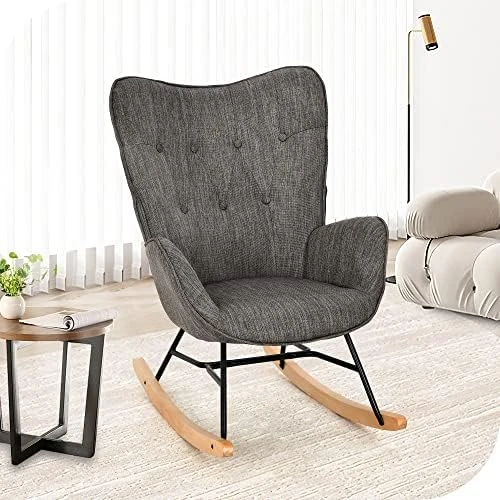 HERNEST Modern Rocking Chair For Nursery Linen Upholstered Rocker Glider Chair With High Backrest And Armrests Comfy Accent Rocking Armchair For Living Room Bedroom,Dark Grey - Image 4