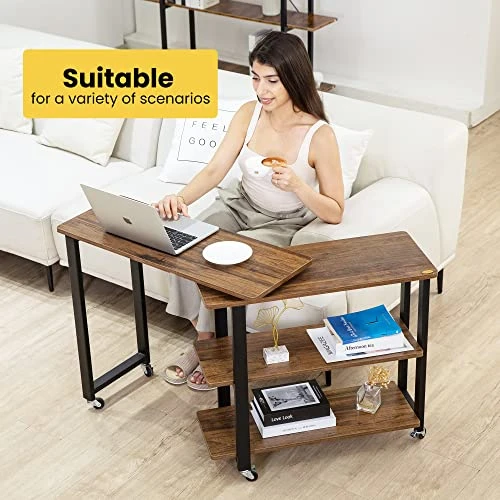 VIVOHOME Sofa Side Table 360° Rotating Mobile End Table Movable Laptop Table With 2 Tiers Storage Shelves 6 Universal Casters For Home Office - Image 3