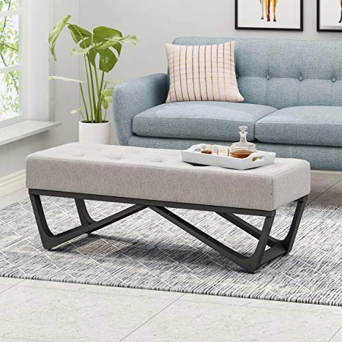 Great Deal Furniture Emily Contemporary Fabric Ottoman Bench, Light Gray And Black - Image 4