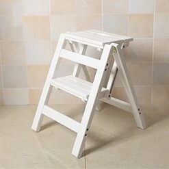 Ladder Chair Folding Wooden 2 Step Stool, 3 Tiers Portable Step Stool Ladder Seat Versatile Home Kitchen Bathroom Office Furniture (Color : White)