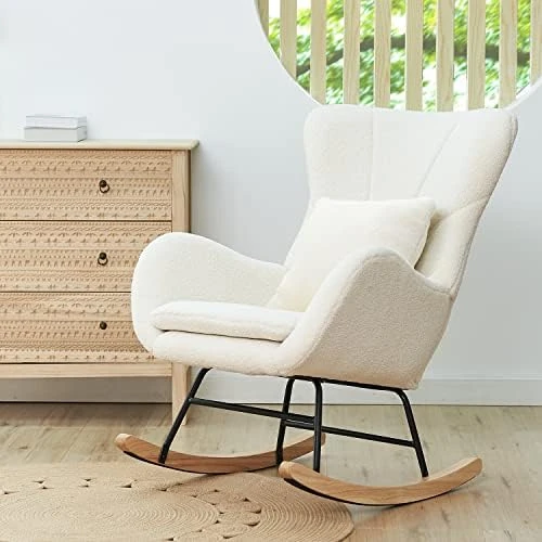 FUNNIU Rocking Chair Nursery, Glider Chair For Baby Nursing With Cushion Teddy Velvet Upholstered Indoor Glider Rocker Comfy Armchair Living Room Chair Accent Chair With High Backrest And Armrests - Image 5