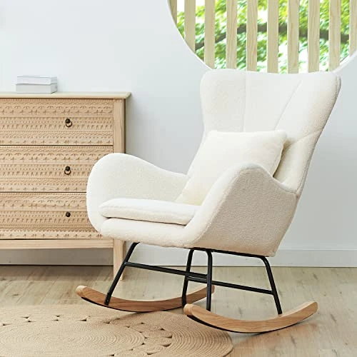FUNNIU Rocking Chair Nursery, Glider Chair For Baby Nursing With Cushion Teddy Velvet Upholstered Indoor Glider Rocker Comfy Armchair Living Room Chair Accent Chair With High Backrest And Armrests