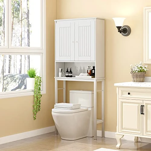 DMIDYLL Over The Toilet Storage Cabinet With Double Doors And Adjustable Shelves, Bathroom Storage Cabinet Over The Toilet, Toilet Organizer, White Wood - Image 2