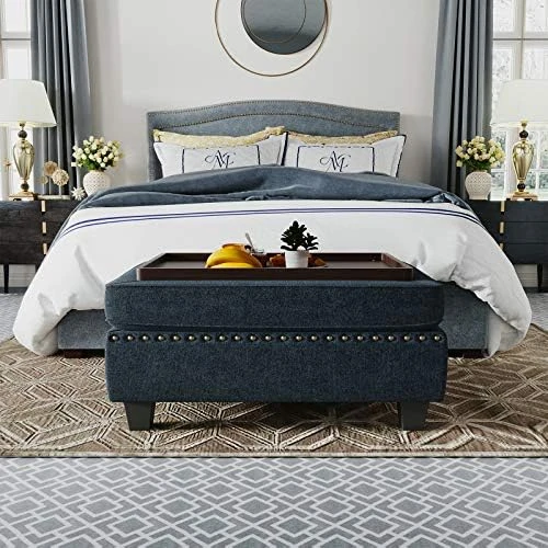 HONBAY Faux Leather Rectangle Bench With Storage Ottoman For Bedroom Upholstered Storage Bench Ottoman For Living Room (Brown Leather, Tray Ottoman) - Image 6